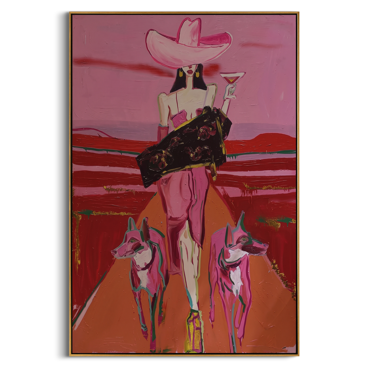 Pink Outlaw Dogs is written from the actual artwork image, focusing on a pink-hat outlaw cowgirl with guitar case and two small dogs. The composition is built from specific visible details: pink hat, black case, two dogs, red desert stripes, and western outlaw posture. The vertical composition keeps attention on pink hat, black case, two dogs, red desert stripes, and western outlaw posture, using open ground, cropped edges, and strong color blocks to make the scene feel direct and