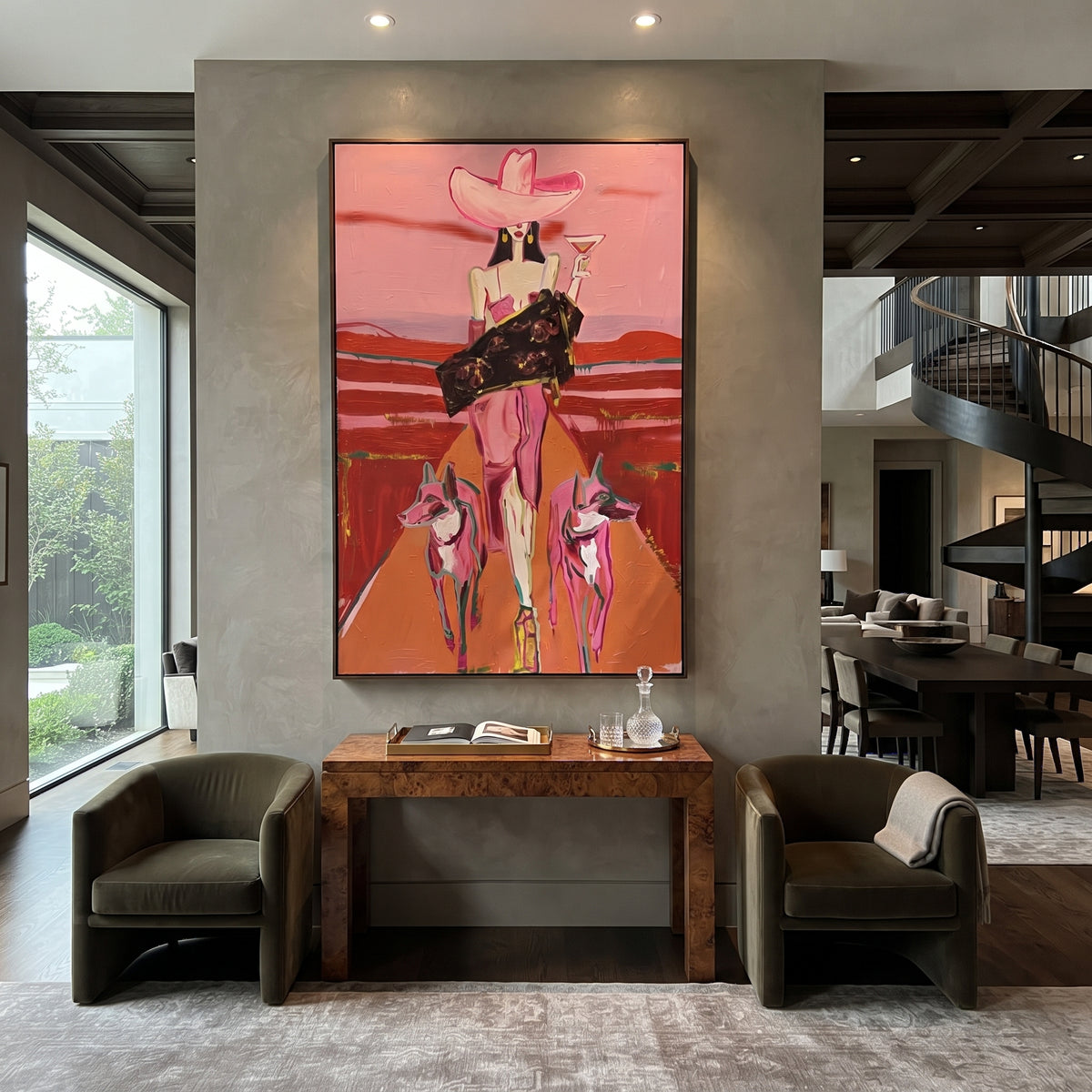 Pink Outlaw Dogs is written from the actual artwork image, focusing on a pink-hat outlaw cowgirl with guitar case and two small dogs. The composition is built from specific visible details: pink hat, black case, two dogs, red desert stripes, and western outlaw posture. The vertical composition keeps attention on pink hat, black case, two dogs, red desert stripes, and western outlaw posture, using open ground, cropped edges, and strong color blocks to make the scene feel direct and