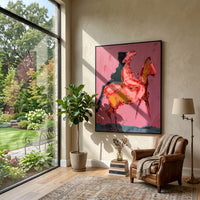 Pink Horse Rider is written from the actual artwork image, focusing on a pink rider mounted on a yellow horse form against a rose field. The composition is built from specific visible details: pink rider body, yellow horse, black shadow, rose background, and loose equestrian motion. The vertical composition keeps attention on pink rider body, yellow horse, black shadow, rose background, and loose equestrian motion, using open ground, cropped edges, and strong color blocks to make the scene feel