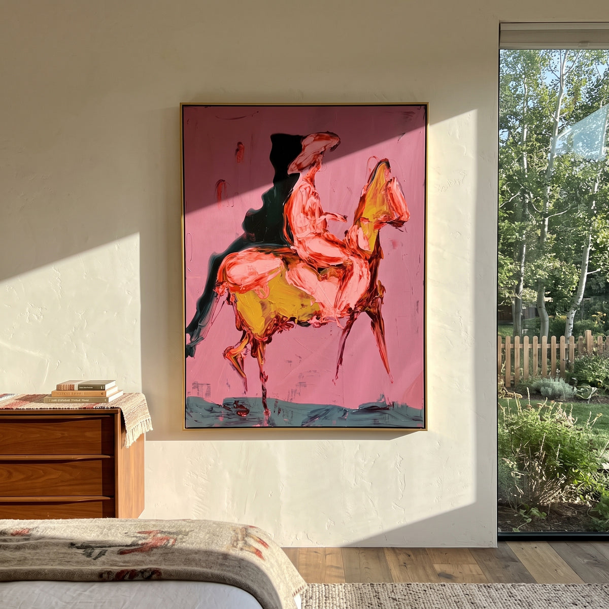 Pink Horse Rider is written from the actual artwork image, focusing on a pink rider mounted on a yellow horse form against a rose field. The composition is built from specific visible details: pink rider body, yellow horse, black shadow, rose background, and loose equestrian motion. The vertical composition keeps attention on pink rider body, yellow horse, black shadow, rose background, and loose equestrian motion, using open ground, cropped edges, and strong color blocks to make the scene feel