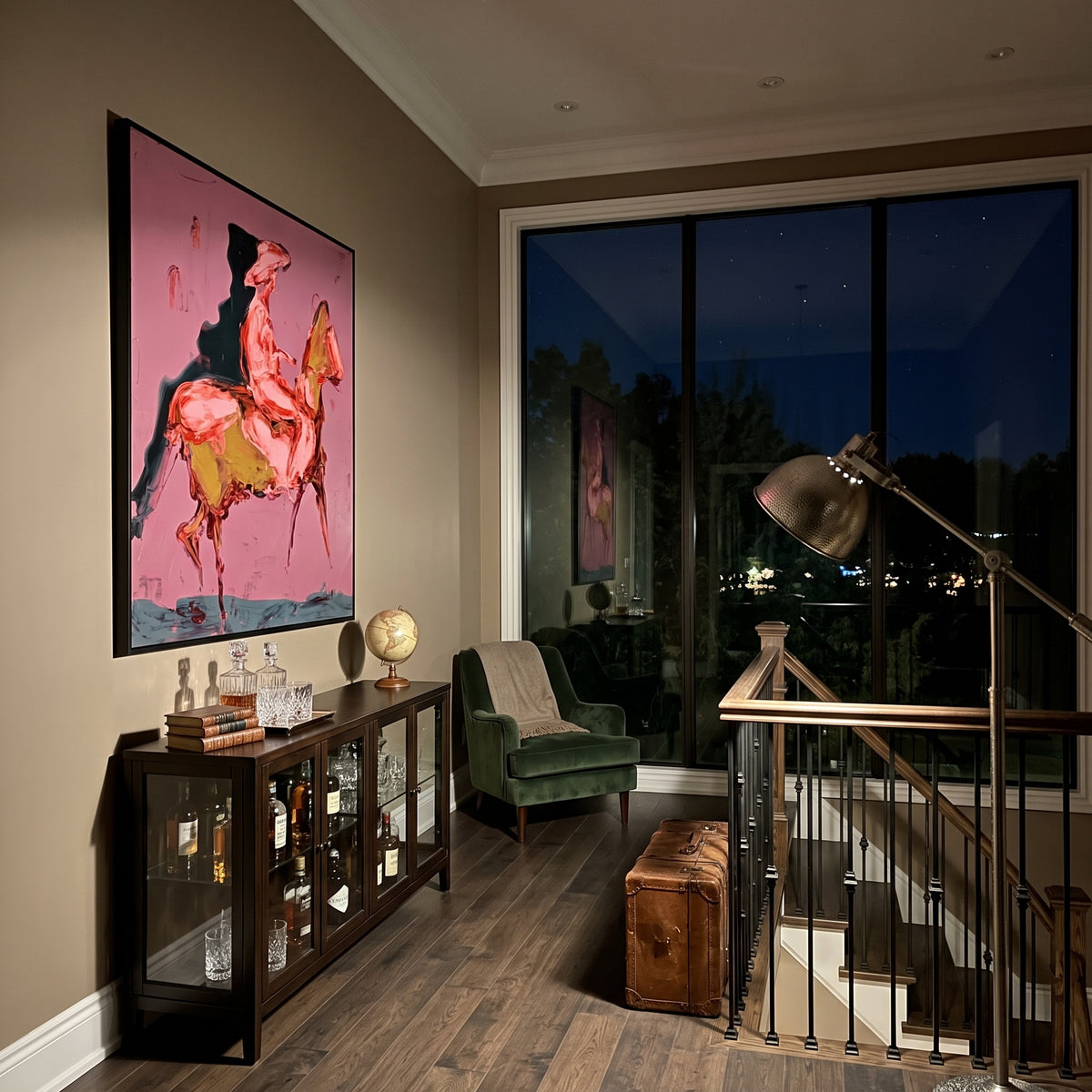 Pink Horse Rider is written from the actual artwork image, focusing on a pink rider mounted on a yellow horse form against a rose field. The composition is built from specific visible details: pink rider body, yellow horse, black shadow, rose background, and loose equestrian motion. The vertical composition keeps attention on pink rider body, yellow horse, black shadow, rose background, and loose equestrian motion, using open ground, cropped edges, and strong color blocks to make the scene feel