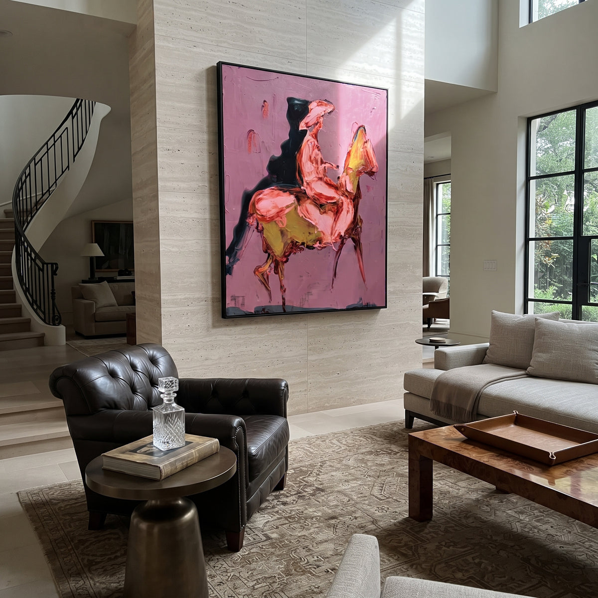 Pink Horse Rider is written from the actual artwork image, focusing on a pink rider mounted on a yellow horse form against a rose field. The composition is built from specific visible details: pink rider body, yellow horse, black shadow, rose background, and loose equestrian motion. The vertical composition keeps attention on pink rider body, yellow horse, black shadow, rose background, and loose equestrian motion, using open ground, cropped edges, and strong color blocks to make the scene feel