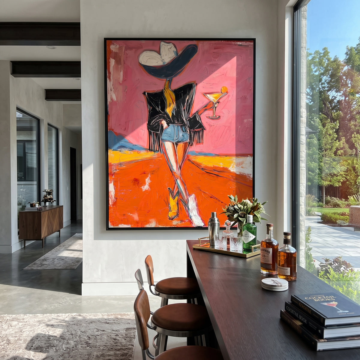 One Boot Martini Cowgirl is written from the actual artwork image, focusing on a standing cowgirl with one boot forward, black jacket, martini, and orange road. The composition is built from specific visible details: black jacket, long legs, one boot emphasis, martini glass, pink sky, and orange road. The vertical composition keeps attention on black jacket, long legs, one boot emphasis, martini glass, pink sky, and orange road, using open ground, cropped edges, and strong color blocks to make