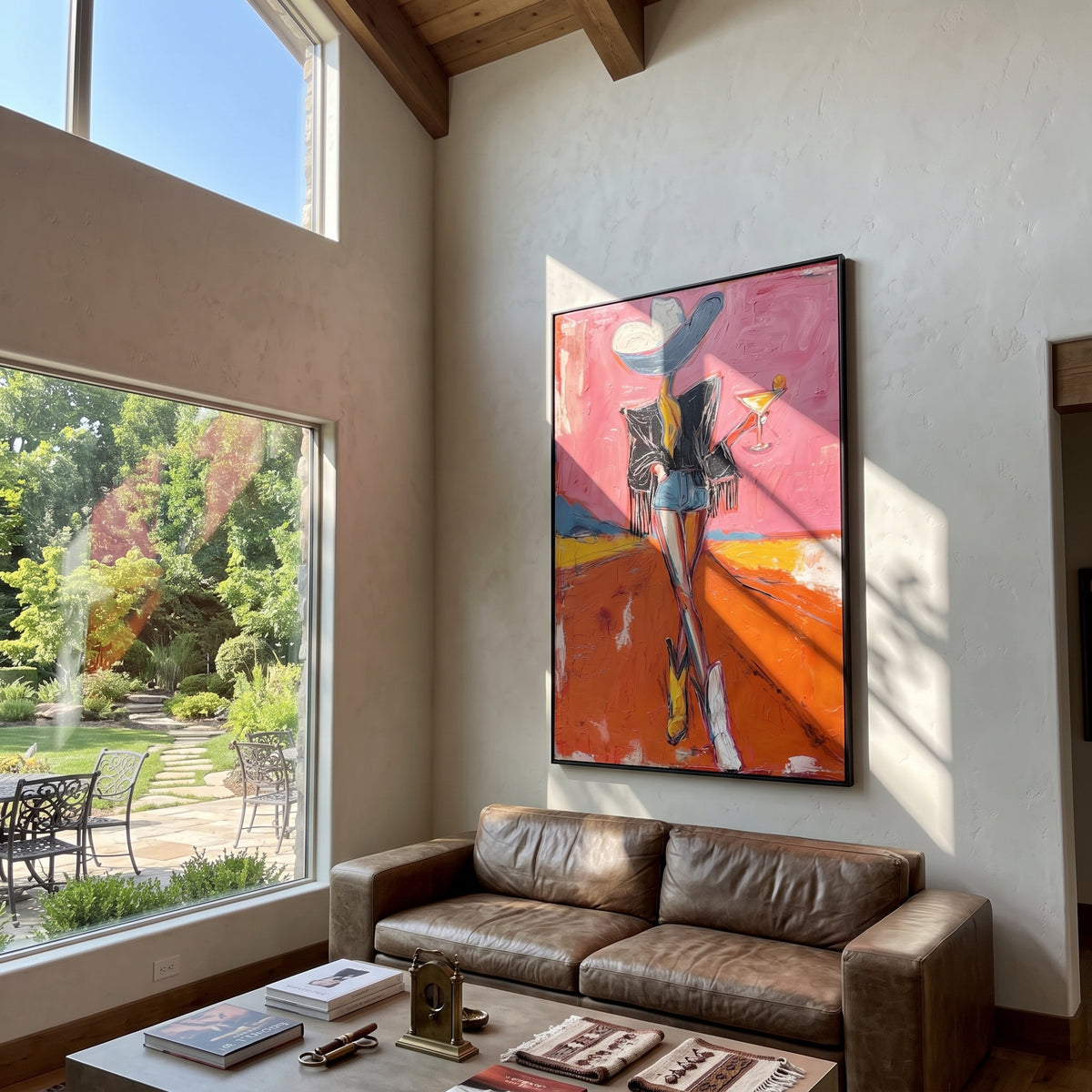 One Boot Martini Cowgirl is written from the actual artwork image, focusing on a standing cowgirl with one boot forward, black jacket, martini, and orange road. The composition is built from specific visible details: black jacket, long legs, one boot emphasis, martini glass, pink sky, and orange road. The vertical composition keeps attention on black jacket, long legs, one boot emphasis, martini glass, pink sky, and orange road, using open ground, cropped edges, and strong color blocks to make