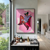 High Noon Martini Chair is written from the actual artwork image, focusing on a seated cowgirl in red boots holding a martini on a pink chair field. The composition is built from specific visible details: red boots, pink chair, black hat, pale shirt, martini glass, and relaxed high-noon pose. The vertical composition keeps attention on red boots, pink chair, black hat, pale shirt, martini glass, and relaxed high-noon pose, using open ground, cropped edges, and strong color blocks to make the