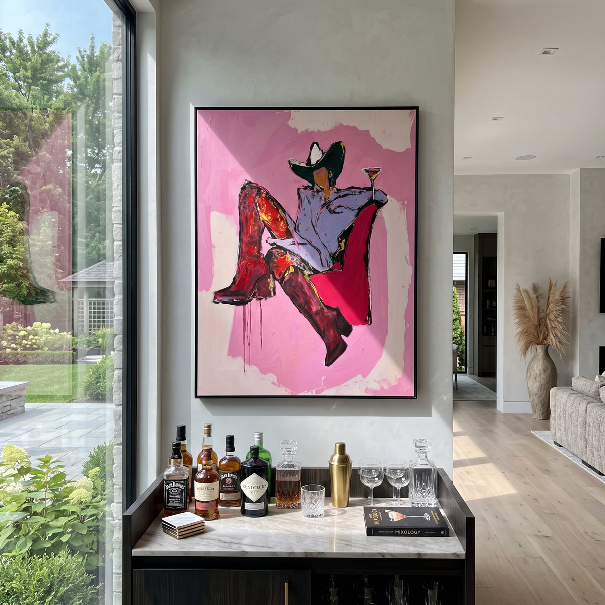 High Noon Martini Chair is written from the actual artwork image, focusing on a seated cowgirl in red boots holding a martini on a pink chair field. The composition is built from specific visible details: red boots, pink chair, black hat, pale shirt, martini glass, and relaxed high-noon pose. The vertical composition keeps attention on red boots, pink chair, black hat, pale shirt, martini glass, and relaxed high-noon pose, using open ground, cropped edges, and strong color blocks to make the