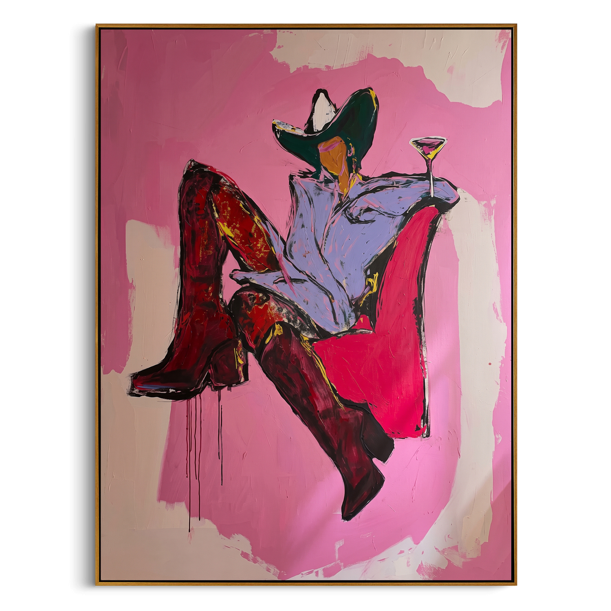 High Noon Martini Chair is written from the actual artwork image, focusing on a seated cowgirl in red boots holding a martini on a pink chair field. The composition is built from specific visible details: red boots, pink chair, black hat, pale shirt, martini glass, and relaxed high-noon pose. The vertical composition keeps attention on red boots, pink chair, black hat, pale shirt, martini glass, and relaxed high-noon pose, using open ground, cropped edges, and strong color blocks to make the