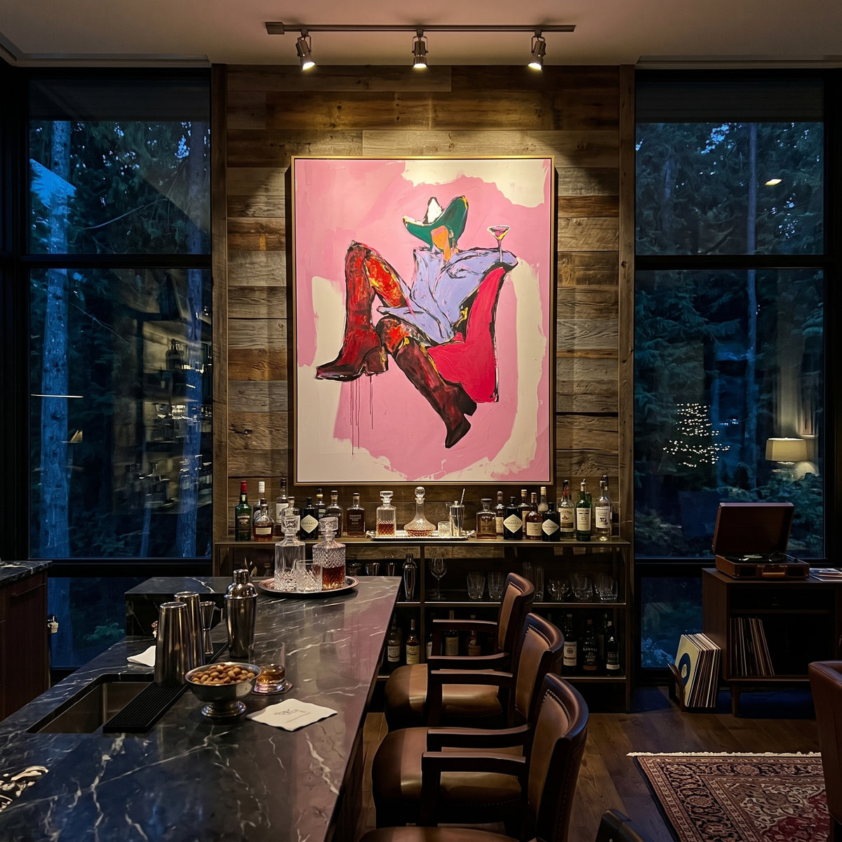 High Noon Martini Chair is written from the actual artwork image, focusing on a seated cowgirl in red boots holding a martini on a pink chair field. The composition is built from specific visible details: red boots, pink chair, black hat, pale shirt, martini glass, and relaxed high-noon pose. The vertical composition keeps attention on red boots, pink chair, black hat, pale shirt, martini glass, and relaxed high-noon pose, using open ground, cropped edges, and strong color blocks to make the