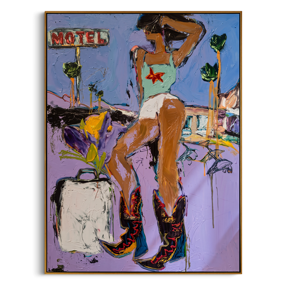Route Motel Cowgirl is written from the actual artwork image, focusing on a motel-side cowgirl with boots, palms, and western roadside blue sky. The composition is built from specific visible details: motel sign, palm shapes, tall boots, roadside pose, blue sky, and travel-stop western mood. The vertical composition keeps attention on motel sign, palm shapes, tall boots, roadside pose, blue sky, and travel-stop western mood, using open ground, cropped edges, and strong color blocks to make the