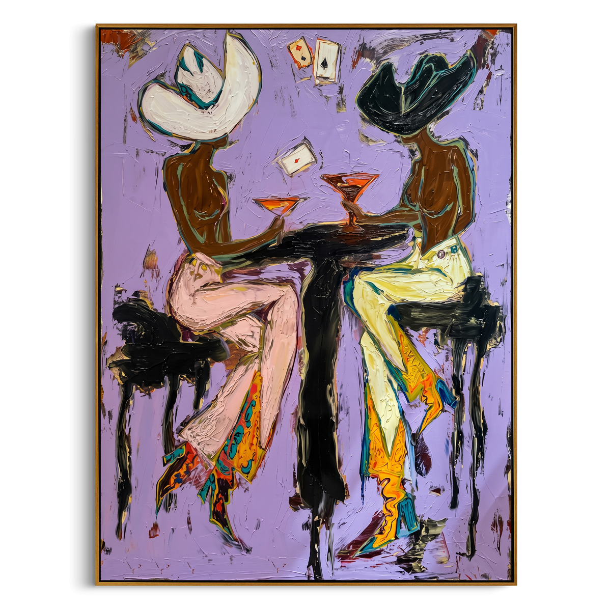 "Aces Martini Cowgirls" - Modern Heavy Impasto Western Animal Artwork | Pink & Yellow Palette Knife Painting | Luxury Vertical Wall Art #PT 2395