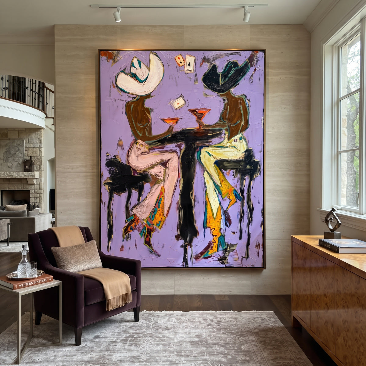 Aces Martini Cowgirls is written from the actual artwork image, focusing on two seated cowgirls with martinis and playing cards on a lavender field. The composition is built from specific visible details: two white hats, martini glasses, floating playing cards, yellow pants, and lavender-pink background. The vertical composition keeps attention on two white hats, martini glasses, floating playing cards, yellow pants, and lavender-pink background, using open ground, cropped edges, and strong