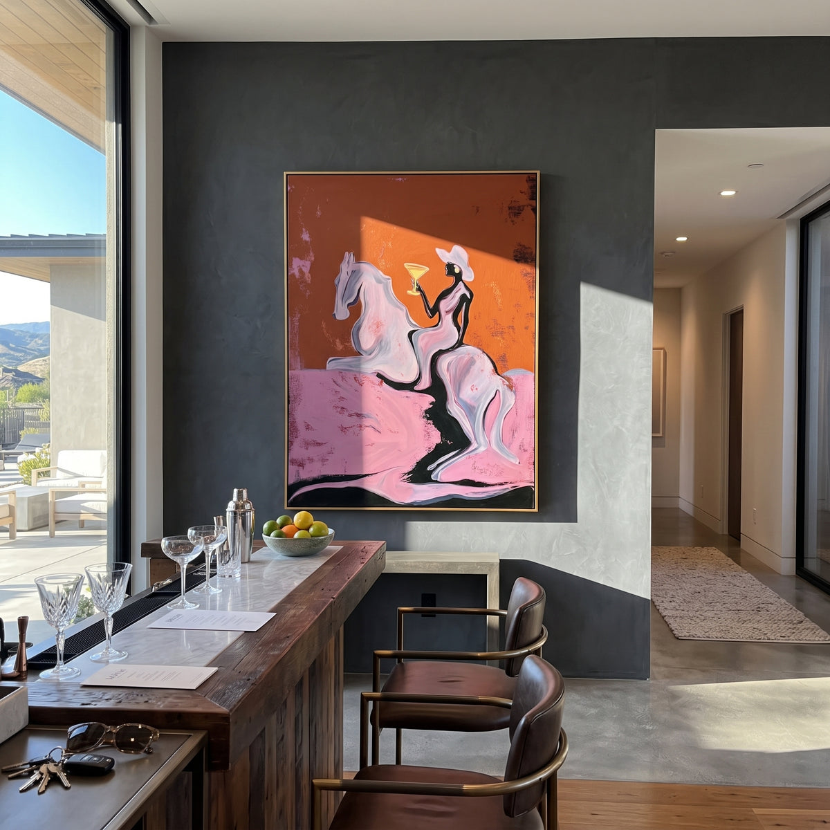 Martini Horse Ride is written from the actual artwork image, focusing on a cowgirl riding a white horse while holding a martini on an ochre field. The composition is built from specific visible details: white horse, raised martini, white hat, dark rider, ochre sky, and pink ground. The vertical composition keeps attention on white horse, raised martini, white hat, dark rider, ochre sky, and pink ground, using open ground, cropped edges, and strong color blocks to make the scene feel direct and