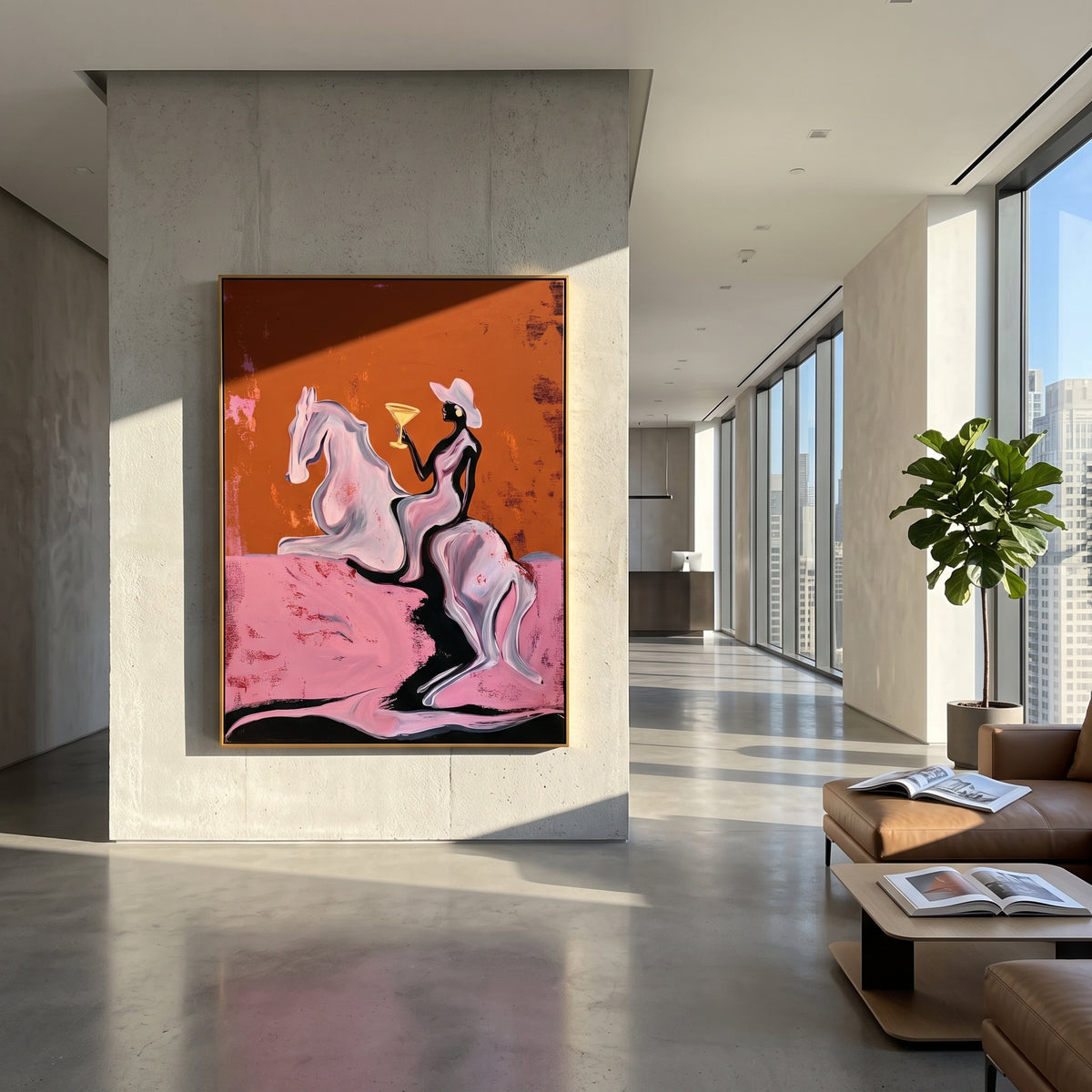 Martini Horse Ride is written from the actual artwork image, focusing on a cowgirl riding a white horse while holding a martini on an ochre field. The composition is built from specific visible details: white horse, raised martini, white hat, dark rider, ochre sky, and pink ground. The vertical composition keeps attention on white horse, raised martini, white hat, dark rider, ochre sky, and pink ground, using open ground, cropped edges, and strong color blocks to make the scene feel direct and