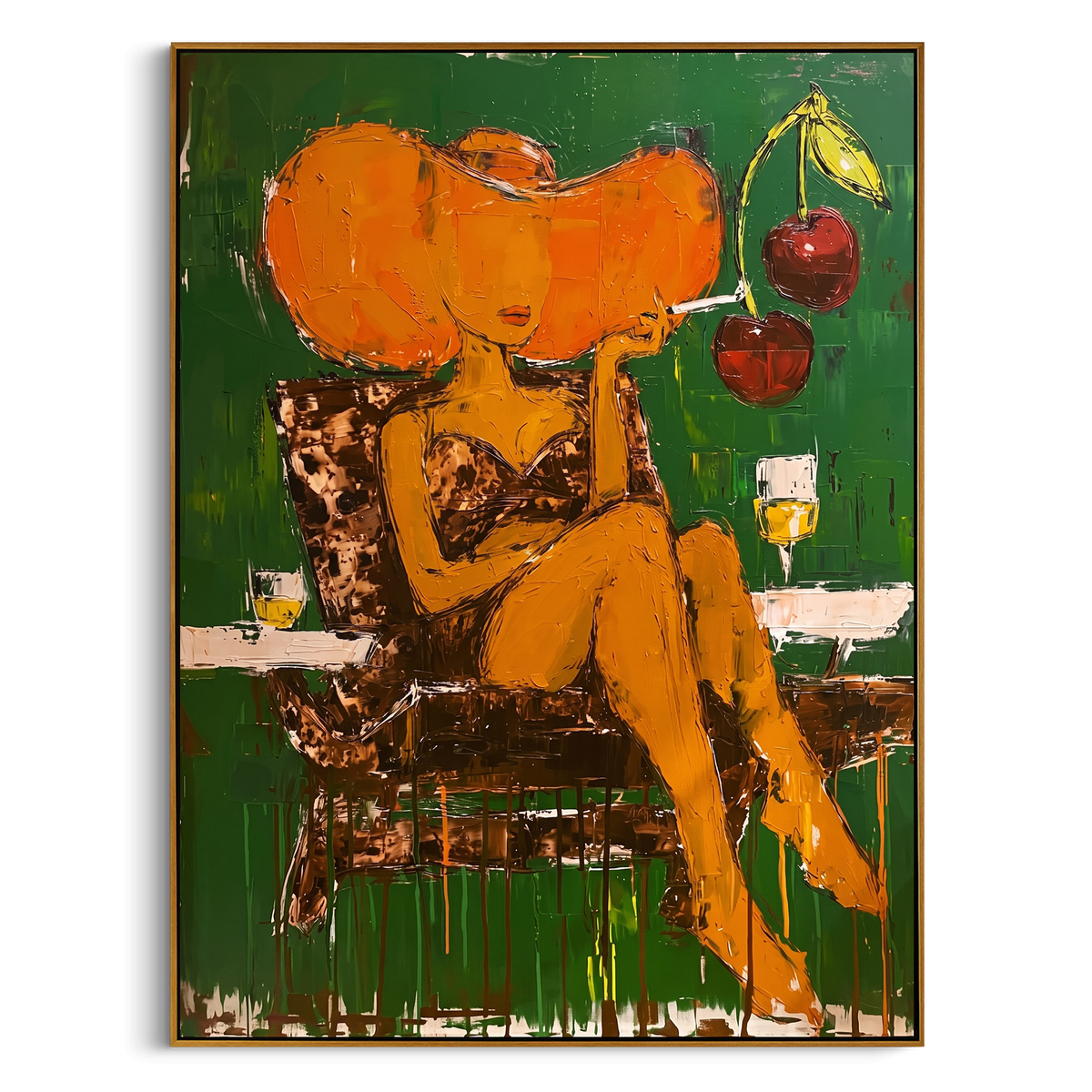 Orange Hat Abstract Woman is written from the actual artwork image, focusing on a large orange-hat woman seated against green with fruit-like accents. The composition is built from specific visible details: oversized orange hat, green background, seated yellow figure, fruit accents, and dripping lower strokes. The vertical composition keeps attention on oversized orange hat, green background, seated yellow figure, fruit accents, and dripping lower strokes, using open ground, cropped edges, and
