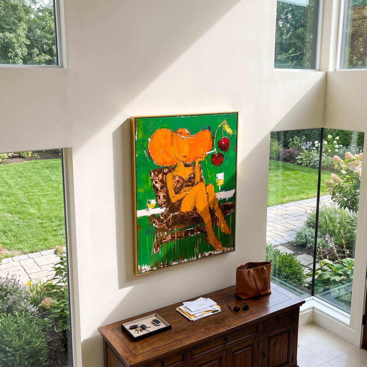 Orange Hat Abstract Woman is written from the actual artwork image, focusing on a large orange-hat woman seated against green with fruit-like accents. The composition is built from specific visible details: oversized orange hat, green background, seated yellow figure, fruit accents, and dripping lower strokes. The vertical composition keeps attention on oversized orange hat, green background, seated yellow figure, fruit accents, and dripping lower strokes, using open ground, cropped edges, and
