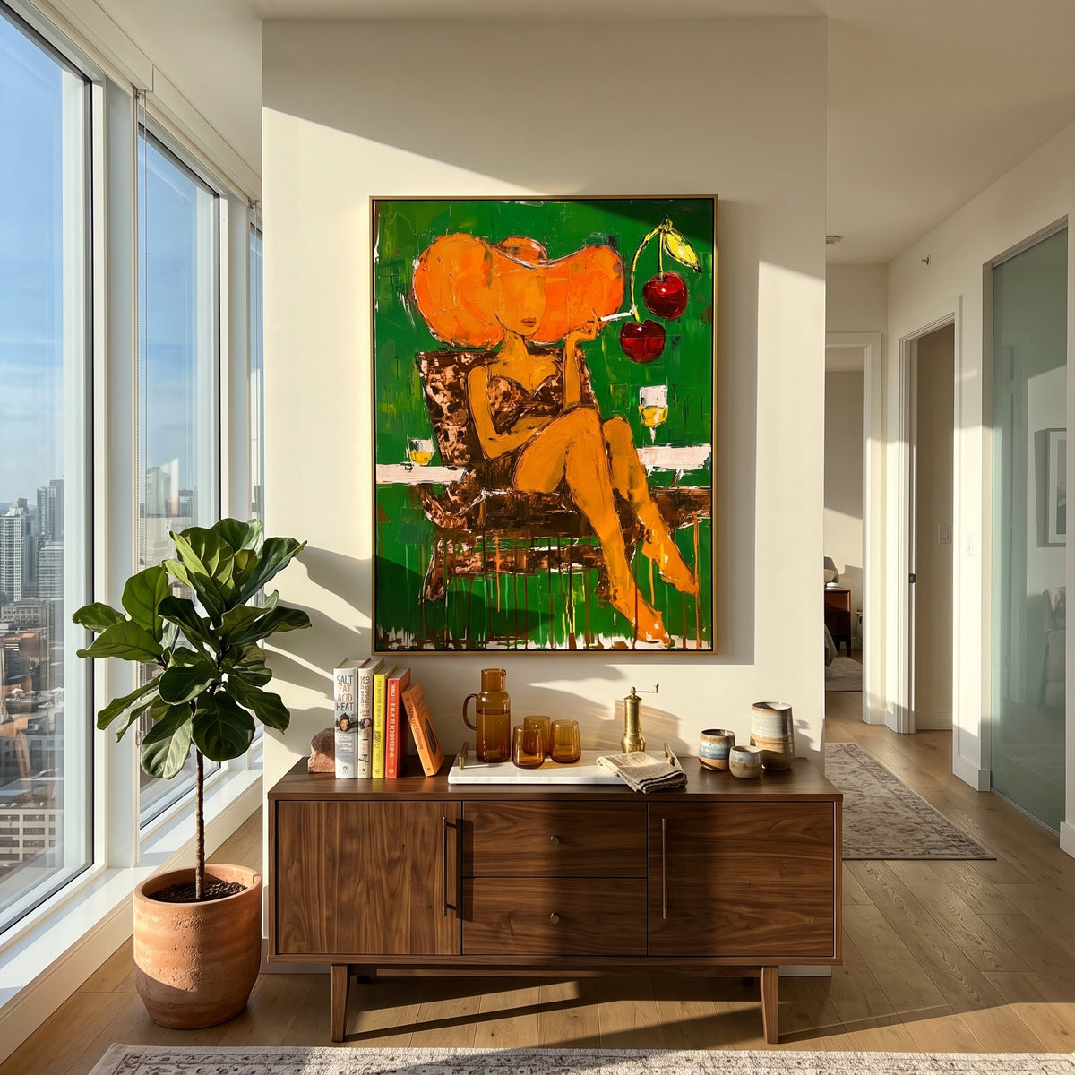 Orange Hat Abstract Woman is written from the actual artwork image, focusing on a large orange-hat woman seated against green with fruit-like accents. The composition is built from specific visible details: oversized orange hat, green background, seated yellow figure, fruit accents, and dripping lower strokes. The vertical composition keeps attention on oversized orange hat, green background, seated yellow figure, fruit accents, and dripping lower strokes, using open ground, cropped edges, and