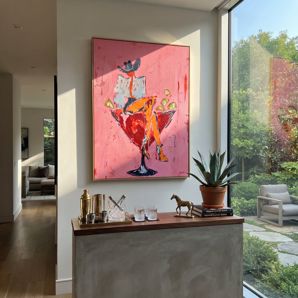 Pink Martini Cowgirl Seat is written from the actual artwork image, focusing on a seated cowgirl in a martini-glass chair with pink background and green drink. The composition is built from specific visible details: martini-glass chair shape, black hat, red skirt, green drink, and pink bar-room ground. The vertical composition keeps attention on martini-glass chair shape, black hat, red skirt, green drink, and pink bar-room ground, using open ground, cropped edges, and strong color blocks to