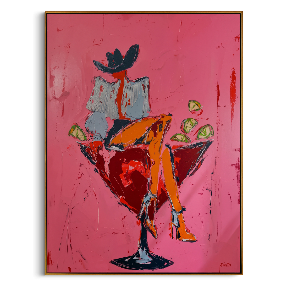 Pink Martini Cowgirl Seat is written from the actual artwork image, focusing on a seated cowgirl in a martini-glass chair with pink background and green drink. The composition is built from specific visible details: martini-glass chair shape, black hat, red skirt, green drink, and pink bar-room ground. The vertical composition keeps attention on martini-glass chair shape, black hat, red skirt, green drink, and pink bar-room ground, using open ground, cropped edges, and strong color blocks to