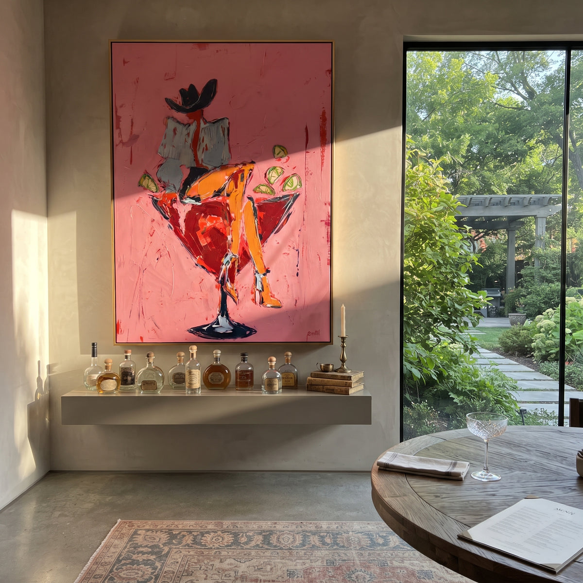 Pink Martini Cowgirl Seat is written from the actual artwork image, focusing on a seated cowgirl in a martini-glass chair with pink background and green drink. The composition is built from specific visible details: martini-glass chair shape, black hat, red skirt, green drink, and pink bar-room ground. The vertical composition keeps attention on martini-glass chair shape, black hat, red skirt, green drink, and pink bar-room ground, using open ground, cropped edges, and strong color blocks to