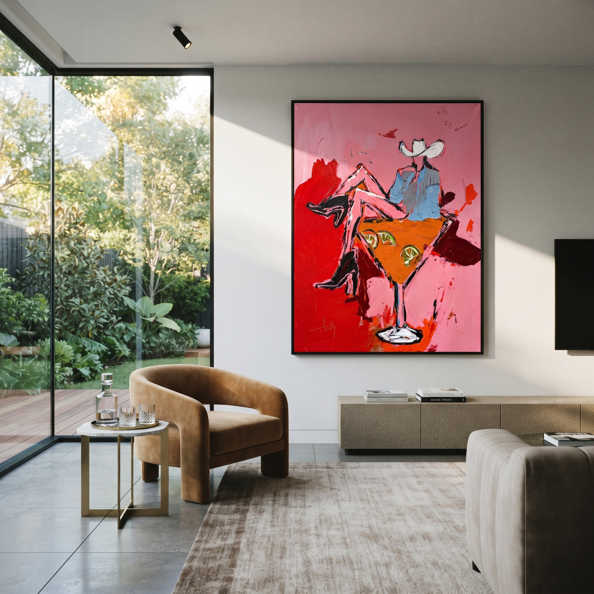 Western Cocktail Bar Cart is written from the actual artwork image, focusing on two cowgirls seated around a giant orange cocktail glass on a pink field. The composition is built from specific visible details: two white hats, orange cocktail glass, red boots, pink field, and bar-cart party composition. The vertical composition keeps attention on two white hats, orange cocktail glass, red boots, pink field, and bar-cart party composition, using open ground, cropped edges, and strong color blocks