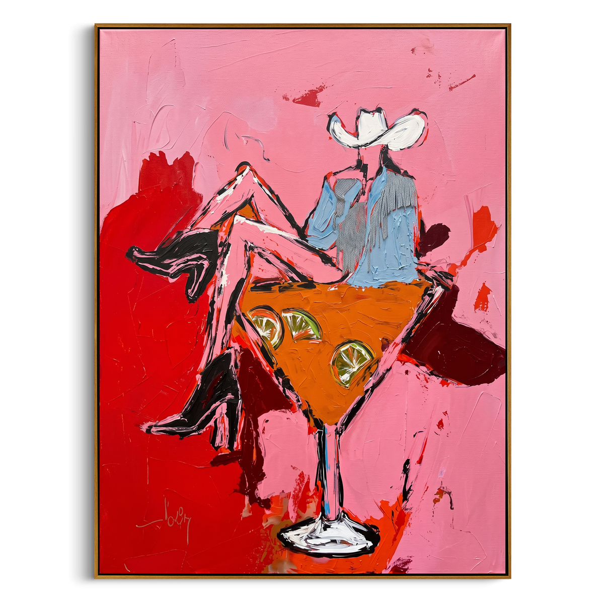 "Western Cocktail Bar Cart" - Modern Heavy Impasto Western Animal Artwork | Pink & Orange Palette Knife Painting | Luxury Vertical Wall Art #PT 2399