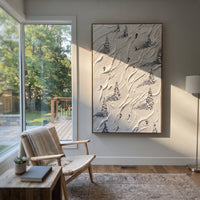 Powder Alpine Descent focuses on a busy resort slope with many tiny figures following separate downhill lines. The artwork shows a winter ski scene built from the actual image: visible downhill figures, curved snow tracks, raised ridgelines, and alpine space arranged in a tall composition. The white, blue, gray palette gives the piece a cold mountain atmosphere while the thick impasto surface creates shadows along each snowbank, ski line, and textured ridge. This is presented as hand-painted