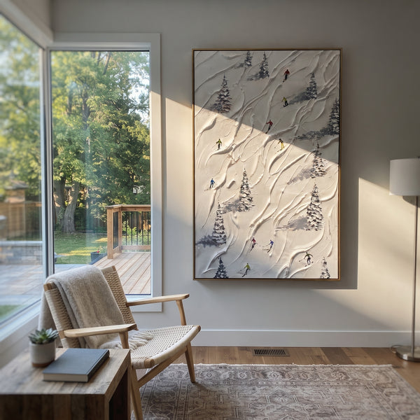 "Powder Alpine Descent" - Modern Heavy Impasto Landscape Artwork | White & Blue Palette Knife Painting | Luxury Vertical Wall Art #PT 2401