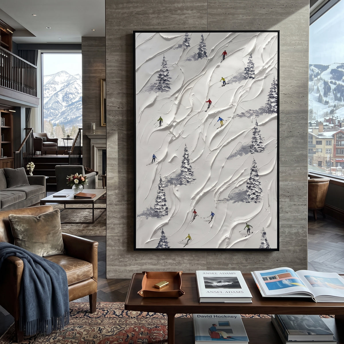 Powder Alpine Descent focuses on a busy resort slope with many tiny figures following separate downhill lines. The artwork shows a winter ski scene built from the actual image: visible downhill figures, curved snow tracks, raised ridgelines, and alpine space arranged in a tall composition. The white, blue, gray palette gives the piece a cold mountain atmosphere while the thick impasto surface creates shadows along each snowbank, ski line, and textured ridge. This is presented as hand-painted