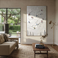 Snowfield Skiers focuses on colored skiers crossing raised white snow tracks between dark pine edges. The artwork shows a winter ski scene built from the actual image: visible downhill figures, curved snow tracks, raised ridgelines, and alpine space arranged in a tall composition. The white, green, blue palette gives the piece a cold mountain atmosphere while the thick impasto surface creates shadows along each snowbank, ski line, and textured ridge. This is presented as hand-painted textured