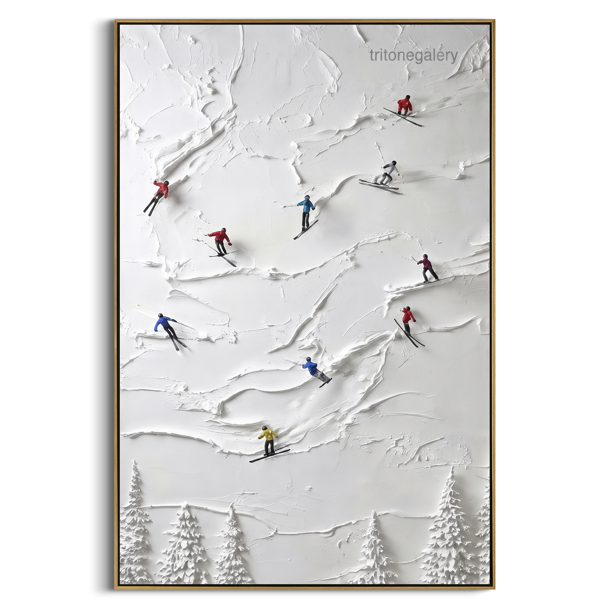 "Snowfield Skiers" - Modern Heavy Impasto Landscape Artwork | White & Green Palette Knife Painting | Luxury Vertical Wall Art #PT 2402