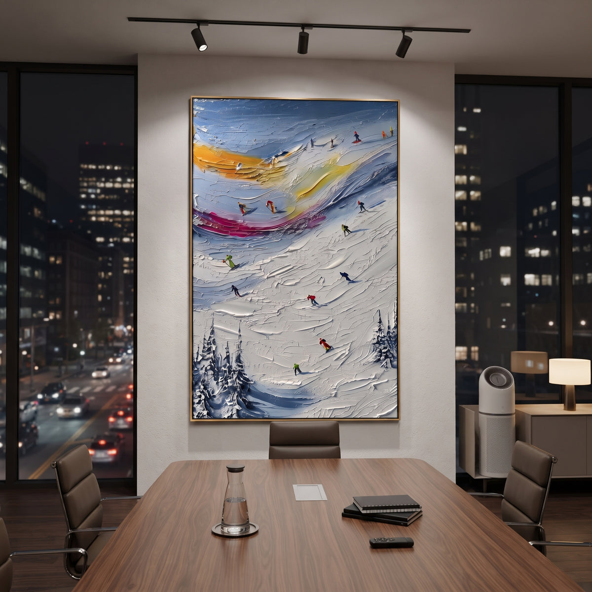 Sunset Ribbon Ski Slope focuses on a dramatic slope with orange and purple sky ribbons above dark pines and many skiers. The artwork shows a winter ski scene built from the actual image: visible downhill figures, curved snow tracks, raised ridgelines, and alpine space arranged in a tall composition. The orange, purple, blue palette gives the piece a cold mountain atmosphere while the thick impasto surface creates shadows along each snowbank, ski line, and textured ridge. This is presented as