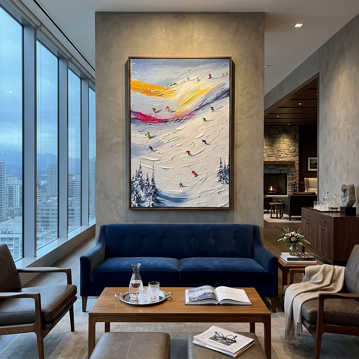 Sunset Ribbon Ski Slope focuses on a dramatic slope with orange and purple sky ribbons above dark pines and many skiers. The artwork shows a winter ski scene built from the actual image: visible downhill figures, curved snow tracks, raised ridgelines, and alpine space arranged in a tall composition. The orange, purple, blue palette gives the piece a cold mountain atmosphere while the thick impasto surface creates shadows along each snowbank, ski line, and textured ridge. This is presented as