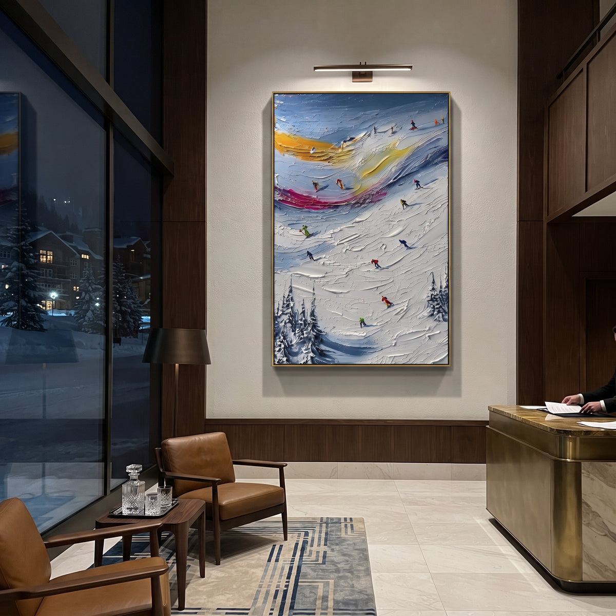Sunset Ribbon Ski Slope focuses on a dramatic slope with orange and purple sky ribbons above dark pines and many skiers. The artwork shows a winter ski scene built from the actual image: visible downhill figures, curved snow tracks, raised ridgelines, and alpine space arranged in a tall composition. The orange, purple, blue palette gives the piece a cold mountain atmosphere while the thick impasto surface creates shadows along each snowbank, ski line, and textured ridge. This is presented as