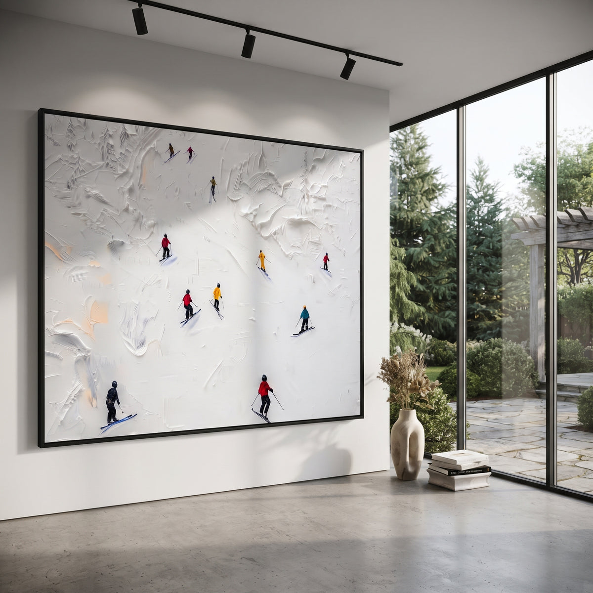 Summit Ski Valley focuses on soft gray snowfields broken by colorful skiers and thick ridge texture. The artwork shows a winter ski scene built from the actual image: visible downhill figures, curved snow tracks, raised ridgelines, and alpine space arranged in a wide composition. The blue, white, orange palette gives the piece a cold mountain atmosphere while the thick impasto surface creates shadows along each snowbank, ski line, and textured ridge. This is presented as hand-painted textured
