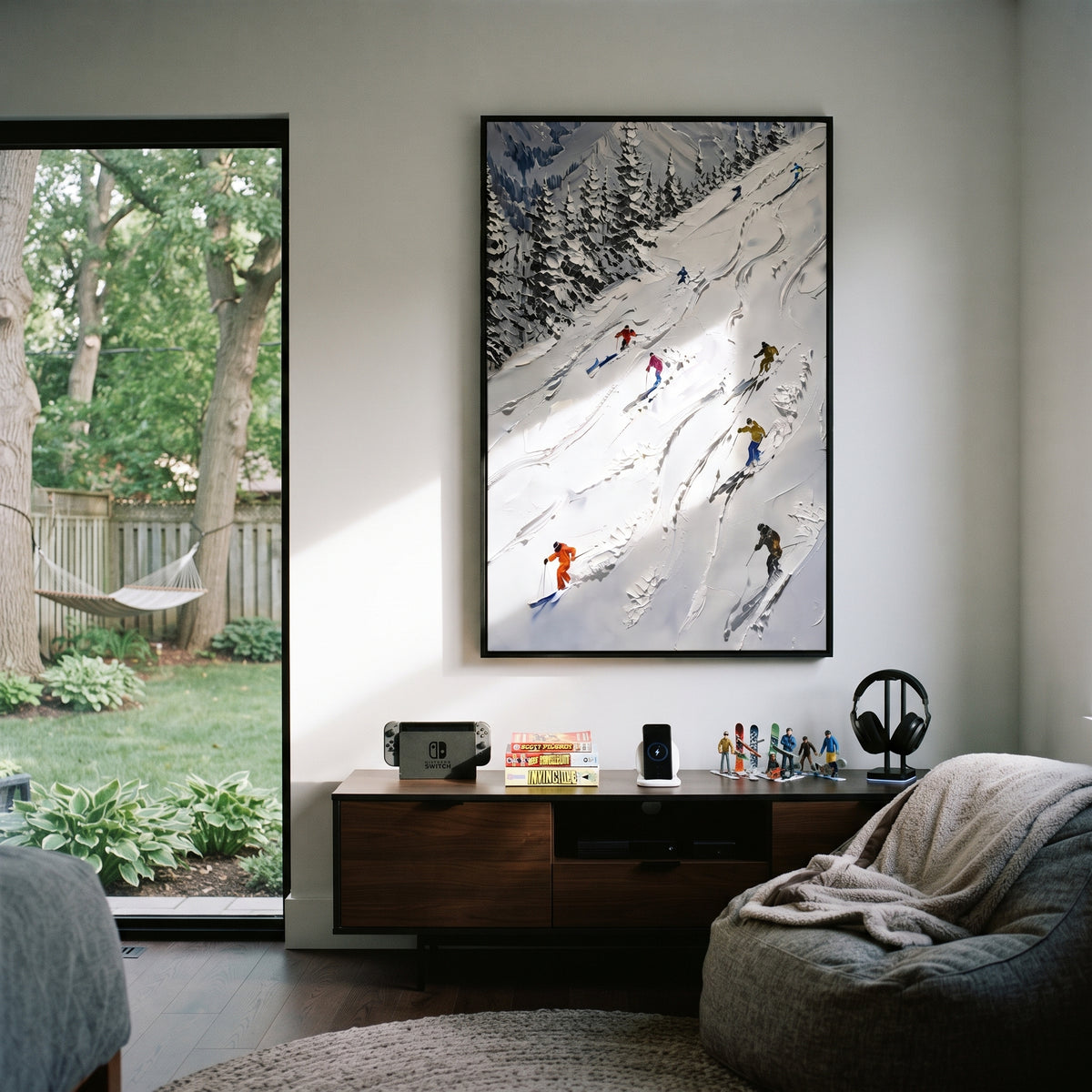 Pine Skiers focuses on overlapping white ridges and skiers placed at different depths across the slope. The artwork shows a winter ski scene built from the actual image: visible downhill figures, curved snow tracks, raised ridgelines, and alpine space arranged in a tall composition. The white, blue, gray palette gives the piece a cold mountain atmosphere while the thick impasto surface creates shadows along each snowbank, ski line, and textured ridge. This is presented as hand-painted textured