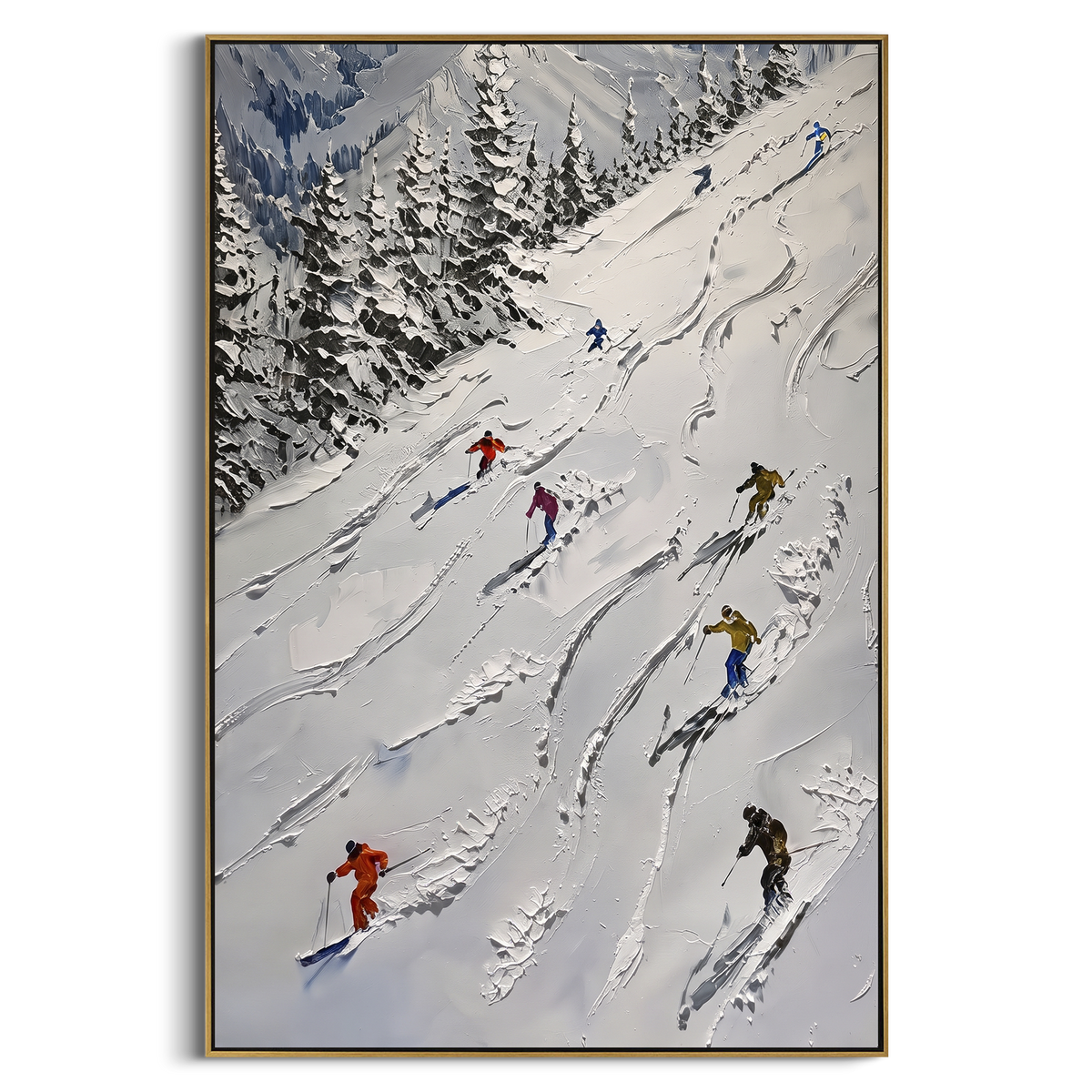 Pine Skiers focuses on overlapping white ridges and skiers placed at different depths across the slope. The artwork shows a winter ski scene built from the actual image: visible downhill figures, curved snow tracks, raised ridgelines, and alpine space arranged in a tall composition. The white, blue, gray palette gives the piece a cold mountain atmosphere while the thick impasto surface creates shadows along each snowbank, ski line, and textured ridge. This is presented as hand-painted textured