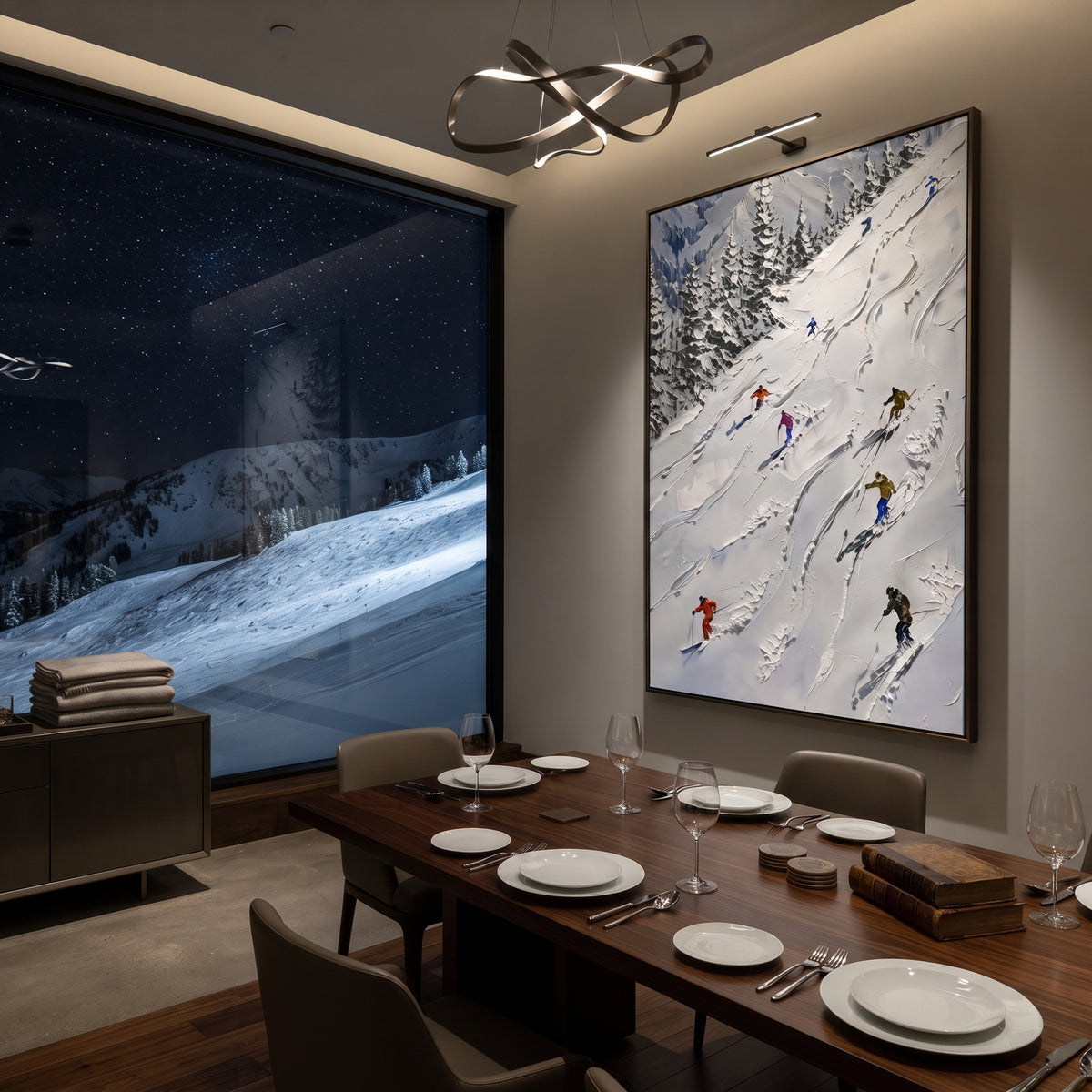 Pine Skiers focuses on overlapping white ridges and skiers placed at different depths across the slope. The artwork shows a winter ski scene built from the actual image: visible downhill figures, curved snow tracks, raised ridgelines, and alpine space arranged in a tall composition. The white, blue, gray palette gives the piece a cold mountain atmosphere while the thick impasto surface creates shadows along each snowbank, ski line, and textured ridge. This is presented as hand-painted textured