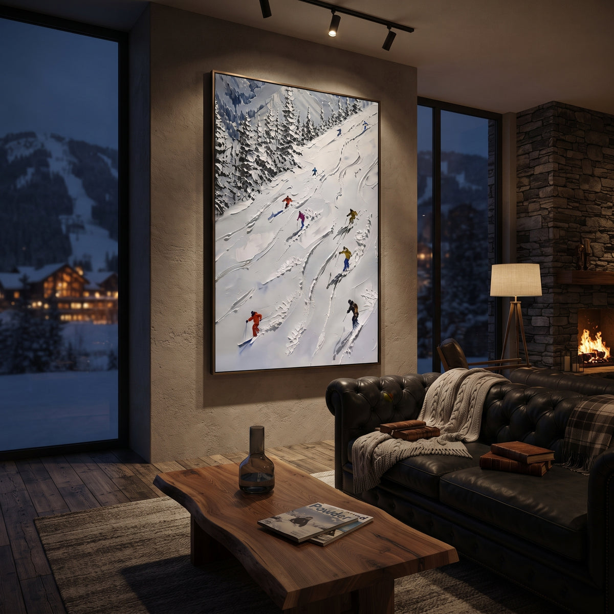 Pine Skiers focuses on overlapping white ridges and skiers placed at different depths across the slope. The artwork shows a winter ski scene built from the actual image: visible downhill figures, curved snow tracks, raised ridgelines, and alpine space arranged in a tall composition. The white, blue, gray palette gives the piece a cold mountain atmosphere while the thick impasto surface creates shadows along each snowbank, ski line, and textured ridge. This is presented as hand-painted textured