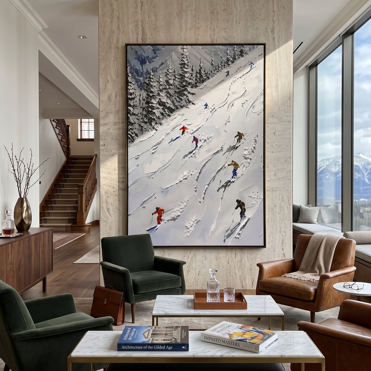 Pine Skiers focuses on overlapping white ridges and skiers placed at different depths across the slope. The artwork shows a winter ski scene built from the actual image: visible downhill figures, curved snow tracks, raised ridgelines, and alpine space arranged in a tall composition. The white, blue, gray palette gives the piece a cold mountain atmosphere while the thick impasto surface creates shadows along each snowbank, ski line, and textured ridge. This is presented as hand-painted textured