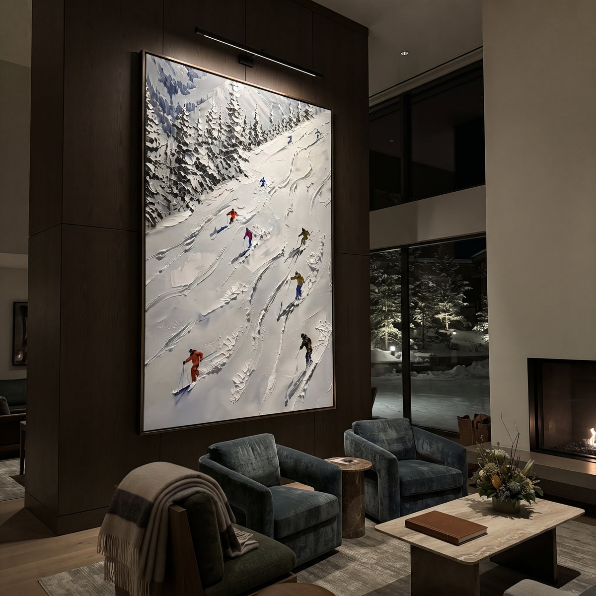 Pine Skiers focuses on overlapping white ridges and skiers placed at different depths across the slope. The artwork shows a winter ski scene built from the actual image: visible downhill figures, curved snow tracks, raised ridgelines, and alpine space arranged in a tall composition. The white, blue, gray palette gives the piece a cold mountain atmosphere while the thick impasto surface creates shadows along each snowbank, ski line, and textured ridge. This is presented as hand-painted textured