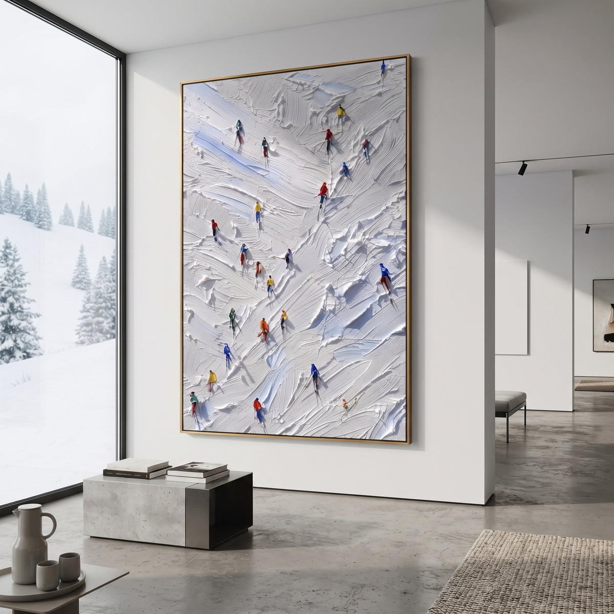 Glacier Pine Slope focuses on small downhill figures moving over carved impasto snow channels and soft blue shadows. The artwork shows a winter ski scene built from the actual image: visible downhill figures, curved snow tracks, raised ridgelines, and alpine space arranged in a tall composition. The white, gray, blue palette gives the piece a cold mountain atmosphere while the thick impasto surface creates shadows along each snowbank, ski line, and textured ridge. This is presented as