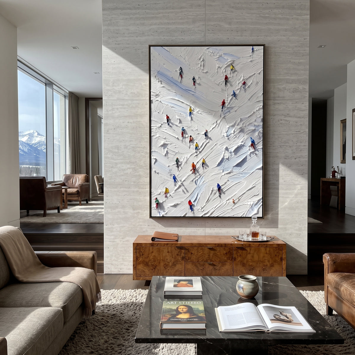 Glacier Pine Slope focuses on small downhill figures moving over carved impasto snow channels and soft blue shadows. The artwork shows a winter ski scene built from the actual image: visible downhill figures, curved snow tracks, raised ridgelines, and alpine space arranged in a tall composition. The white, gray, blue palette gives the piece a cold mountain atmosphere while the thick impasto surface creates shadows along each snowbank, ski line, and textured ridge. This is presented as