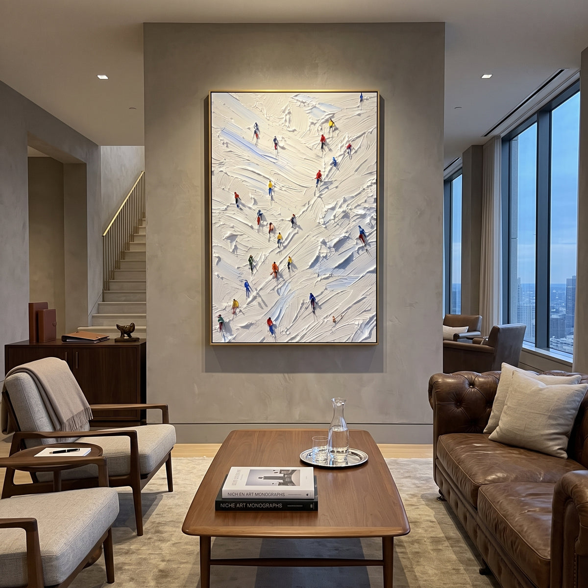 Glacier Pine Slope focuses on small downhill figures moving over carved impasto snow channels and soft blue shadows. The artwork shows a winter ski scene built from the actual image: visible downhill figures, curved snow tracks, raised ridgelines, and alpine space arranged in a tall composition. The white, gray, blue palette gives the piece a cold mountain atmosphere while the thick impasto surface creates shadows along each snowbank, ski line, and textured ridge. This is presented as