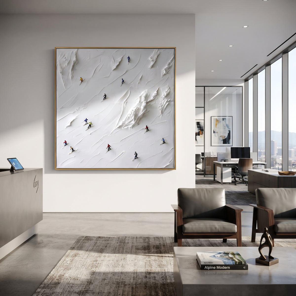 Winter Alpine Descent focuses on a broad winter slope filled with curved ski trails and miniature moving figures. The artwork shows a winter ski scene built from the actual image: visible downhill figures, curved snow tracks, raised ridgelines, and alpine space arranged in a balanced composition. The white, green, blue palette gives the piece a cold mountain atmosphere while the thick impasto surface creates shadows along each snowbank, ski line, and textured ridge. This is presented as