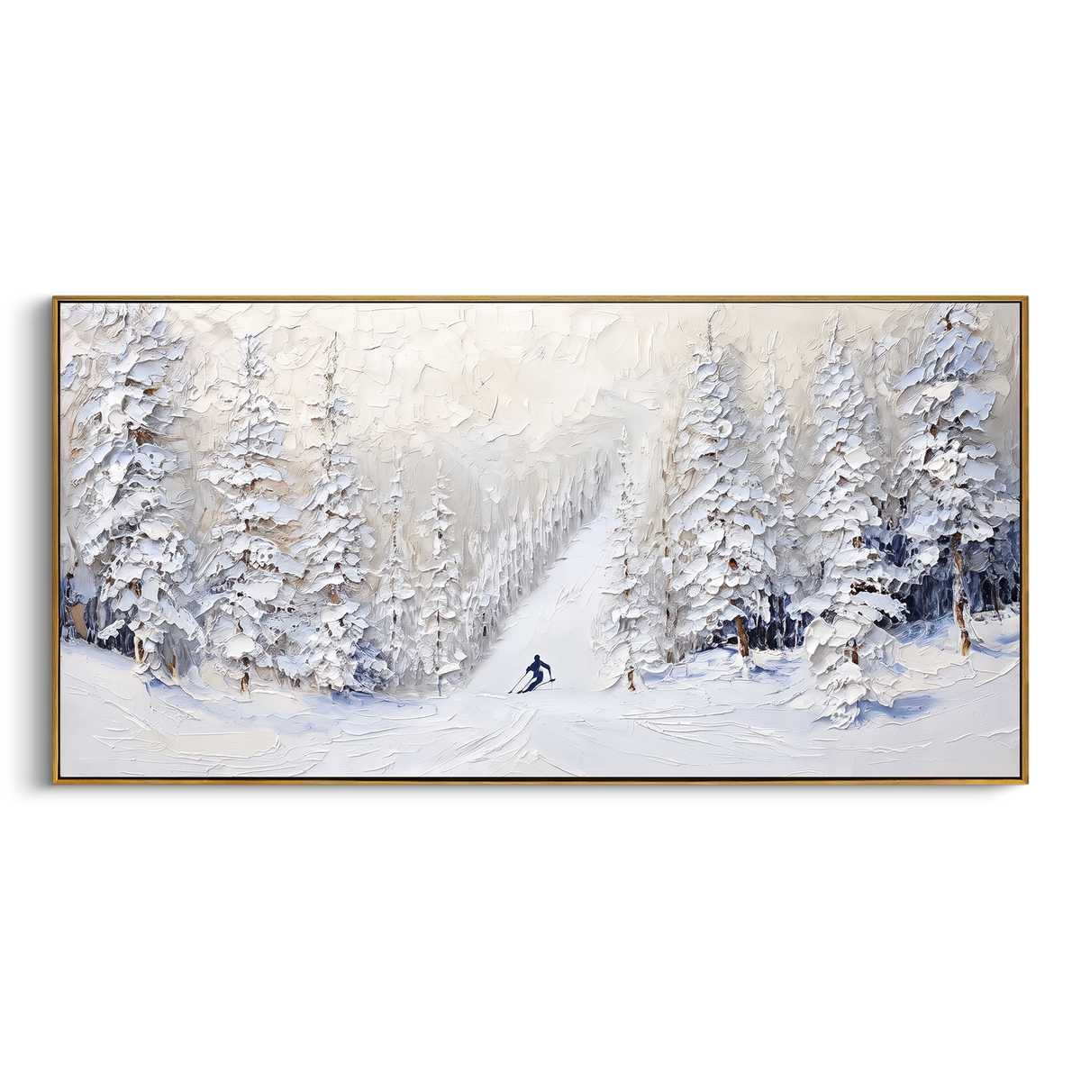 Ridge Texture Run focuses on soft gray snowfields broken by colorful skiers and thick ridge texture. The artwork shows a winter ski scene built from the actual image: visible downhill figures, curved snow tracks, raised ridgelines, and alpine space arranged in a wide composition. The white, black, gray palette gives the piece a cold mountain atmosphere while the thick impasto surface creates shadows along each snowbank, ski line, and textured ridge. This is presented as hand-painted textured