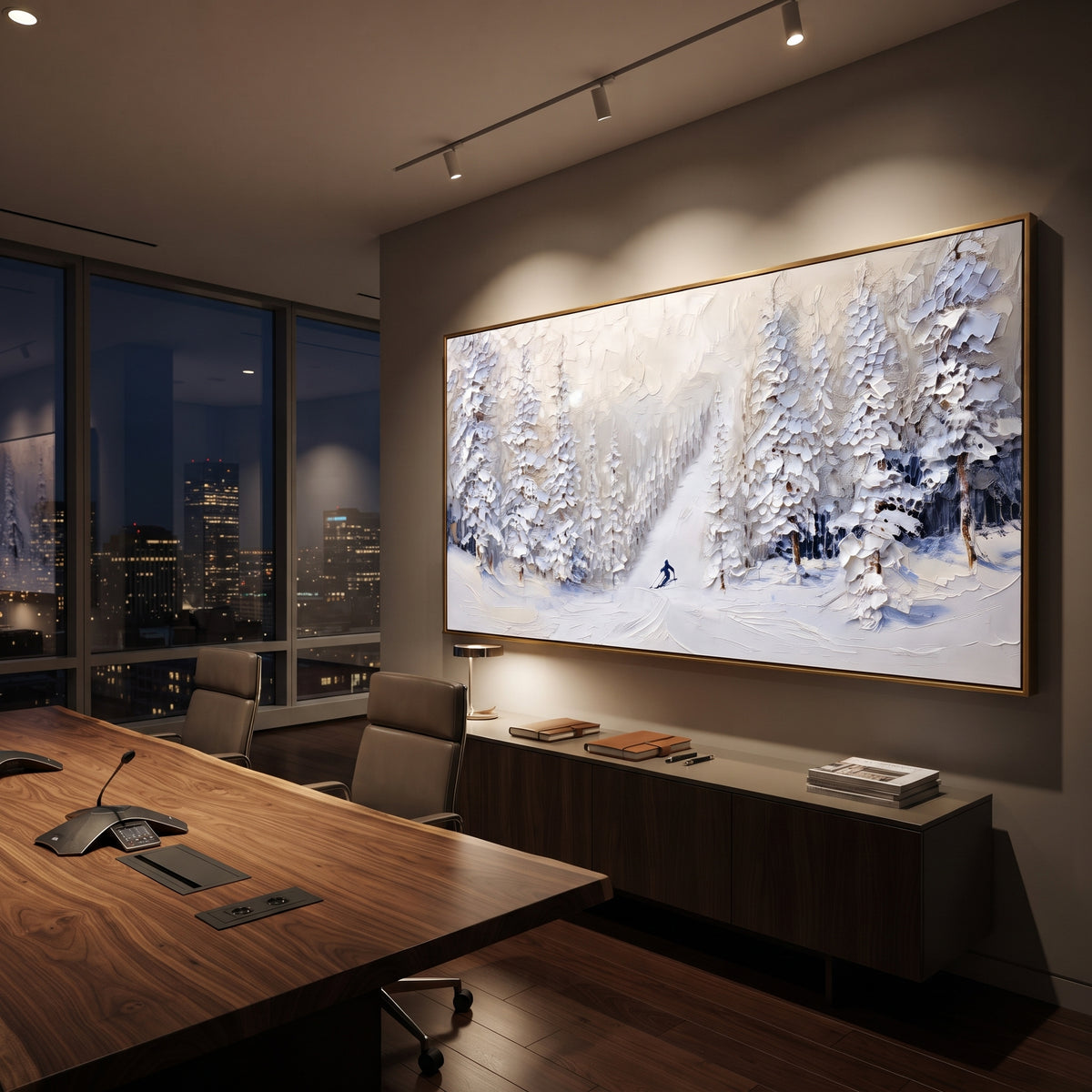Ridge Texture Run focuses on soft gray snowfields broken by colorful skiers and thick ridge texture. The artwork shows a winter ski scene built from the actual image: visible downhill figures, curved snow tracks, raised ridgelines, and alpine space arranged in a wide composition. The white, black, gray palette gives the piece a cold mountain atmosphere while the thick impasto surface creates shadows along each snowbank, ski line, and textured ridge. This is presented as hand-painted textured