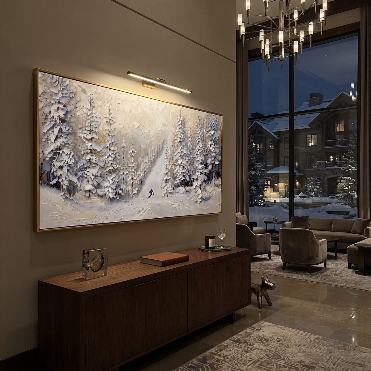 Ridge Texture Run focuses on soft gray snowfields broken by colorful skiers and thick ridge texture. The artwork shows a winter ski scene built from the actual image: visible downhill figures, curved snow tracks, raised ridgelines, and alpine space arranged in a wide composition. The white, black, gray palette gives the piece a cold mountain atmosphere while the thick impasto surface creates shadows along each snowbank, ski line, and textured ridge. This is presented as hand-painted textured