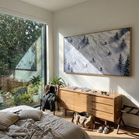 White Ridge Skiers focuses on overlapping white ridges and skiers placed at different depths across the slope. The artwork shows a winter ski scene built from the actual image: visible downhill figures, curved snow tracks, raised ridgelines, and alpine space arranged in a wide composition. The white, beige, blue palette gives the piece a cold mountain atmosphere while the thick impasto surface creates shadows along each snowbank, ski line, and textured ridge. This is presented as hand-painted