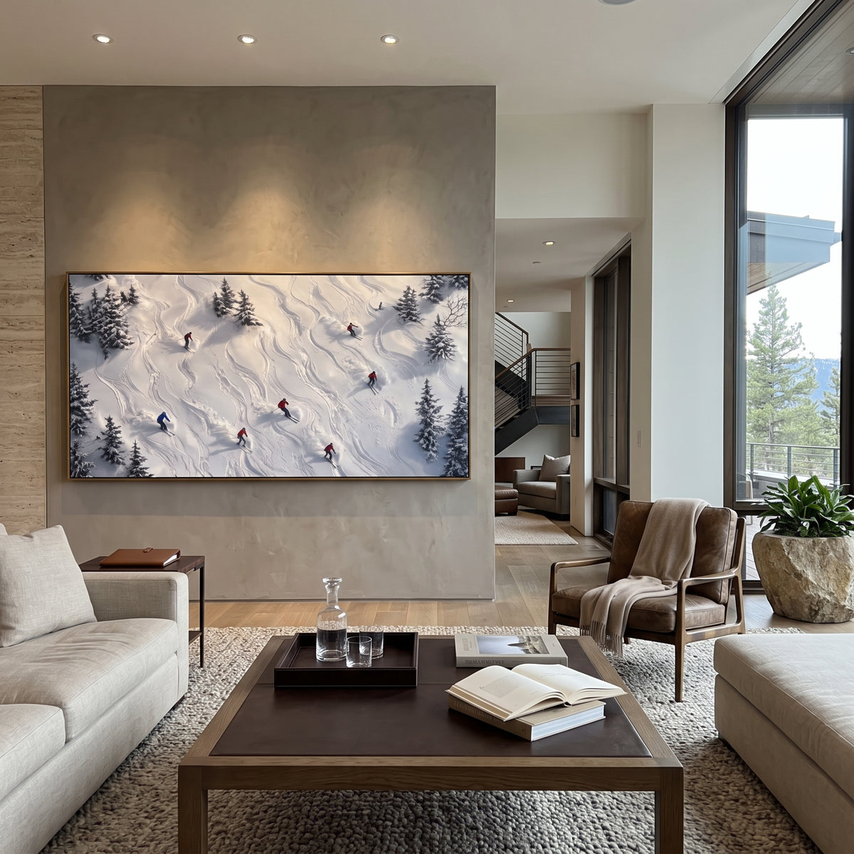 White Ridge Skiers focuses on overlapping white ridges and skiers placed at different depths across the slope. The artwork shows a winter ski scene built from the actual image: visible downhill figures, curved snow tracks, raised ridgelines, and alpine space arranged in a wide composition. The white, beige, blue palette gives the piece a cold mountain atmosphere while the thick impasto surface creates shadows along each snowbank, ski line, and textured ridge. This is presented as hand-painted