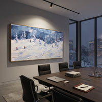 Blue Snow Basin focuses on small downhill figures moving over carved impasto snow channels and soft blue shadows. The artwork shows a winter ski scene built from the actual image: visible downhill figures, curved snow tracks, raised ridgelines, and alpine space arranged in a wide composition. The blue, white, orange palette gives the piece a cold mountain atmosphere while the thick impasto surface creates shadows along each snowbank, ski line, and textured ridge. This is presented as